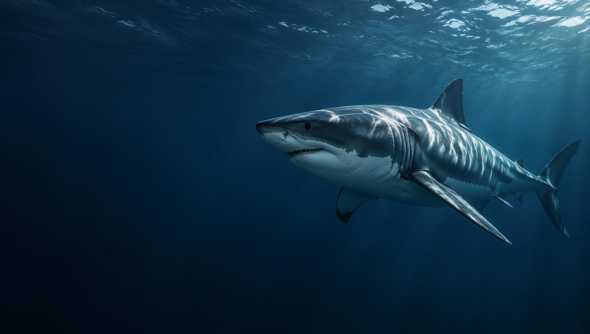 Great white shark swimming in deep blue water